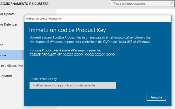 Licenza windows 10 inserimento product key