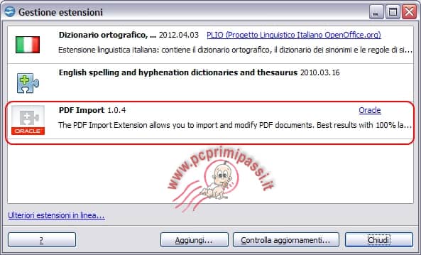 Installazione PDF Import OpenOffice completata