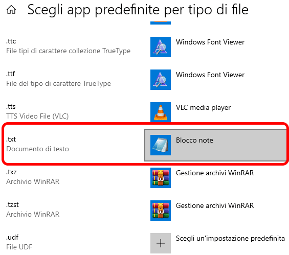 Windows 10 app predefinite per tipo di file