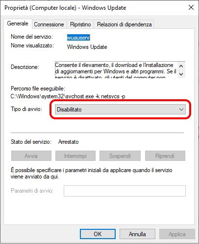 Windows 10 update disattivazione servizio windows update